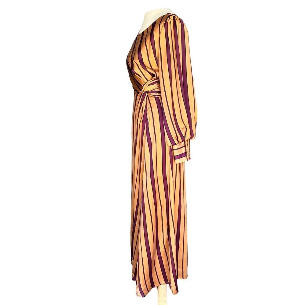 Skies are Blue Womens Maxi DressXS Camel Burgundy Stripe Puff Sleeve Side Slit - Picture 3 of 10
